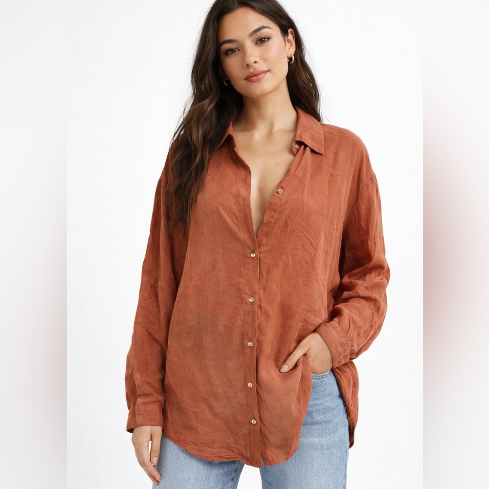 NWT $126 Lucy Paris Rust Button-Up collar Women's Top relaxed fit dress shirt M